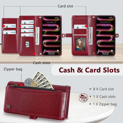 Wallet Case for iPhone 16 Pro with Card Holder/Crossbody Wallet/Strap| RFID Blocking | Magnetic | Kickstand | Detachable | PU Leather Phone Case for iPhone 16 Pro,6.3 in,Wine Red
