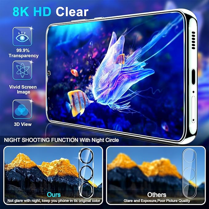 3 Pack for Samsung Galaxy S24 FE Screen Protector Tempered Glass + 3 Pack Camera Lens Protector, Military Grade Shatterproof, 9H Hardness, Fingerprint Unlock, Case Friendly 6.7 Inch