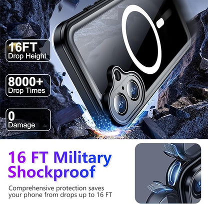 Temdan Compatible with iPhone 16 Case Waterproof, Compatible with MagSafe Built-in Screen & Camera Protector IP68 Underwater Full Body 16FT Military Dropproof Shockproof Phone Case 6.1"-Black