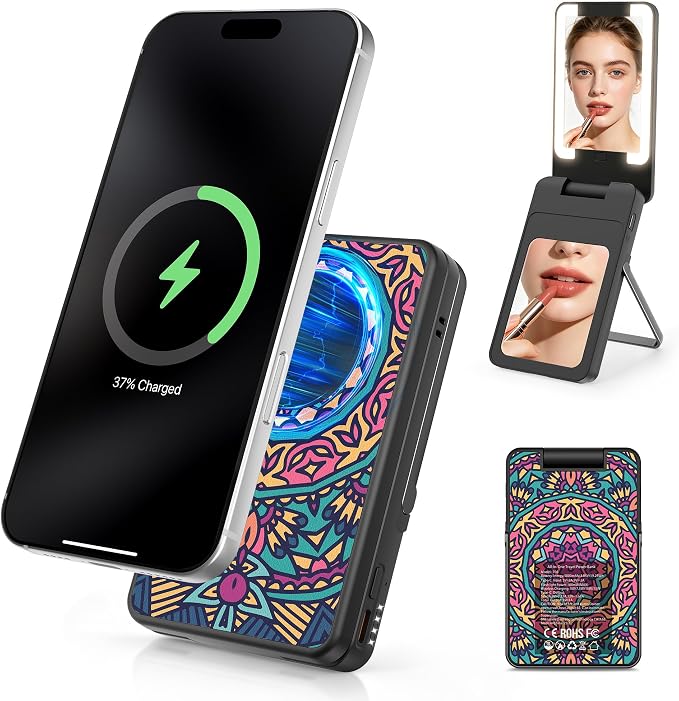 Magnetic Wireless Power Bank 5-in-1, 5000mAh Portable Charger with LED Mirror, Phone Stand, Card Holder & Bluetooth Remote, 20W Fast Charging for iPhone & Android, Travel Essential for Women