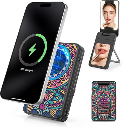 Magnetic Wireless Power Bank 5-in-1, 5000mAh Portable Charger with LED Mirror, Phone Stand, Card Holder & Bluetooth Remote, 20W Fast Charging for iPhone & Android, Travel Essential for Women