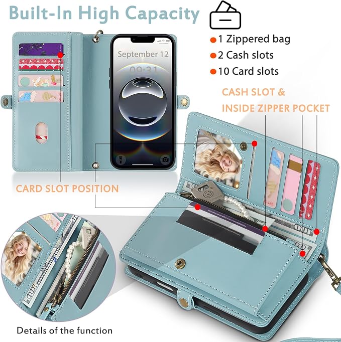 for Wallet Case Compatible with iPhone 16e / 17e ,Multi-Function Detachable 2 in 1 Magnetic iPhone 16e / 17e Case Wallet,Flip Strap Zipper Card Holder Phone Case with Shoulder Straps (Blue)