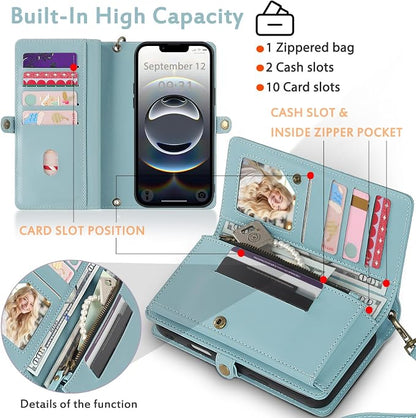 for Wallet Case Compatible with iPhone 16e / 17e ,Multi-Function Detachable 2 in 1 Magnetic iPhone 16e / 17e Case Wallet,Flip Strap Zipper Card Holder Phone Case with Shoulder Straps (Blue)