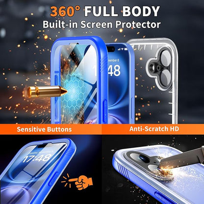 Cozycase for iPhone 16 Case Waterproof - 360 Heavy Duty with Screen/Camera Protector Shockproof IP68 Underwater Dustproof Water Dust Shock Proof Full Body/Front and Back Case Blue/Frosted Clear