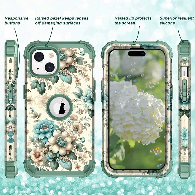 Hocase for iPhone 15 Case, Heavy Duty Shockproof Protection Soft Silicone Rubber Bumper+Hard Plastic Hybrid Protective Case for iPhone 15 (6.1" Display) 2023 - Teal Blue Flowers