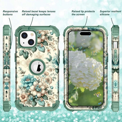 Hocase for iPhone 15 Case, Heavy Duty Shockproof Protection Soft Silicone Rubber Bumper+Hard Plastic Hybrid Protective Case for iPhone 15 (6.1" Display) 2023 - Teal Blue Flowers