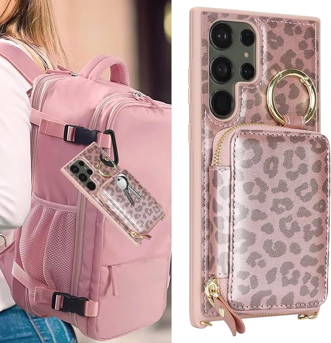 Crossbody Wallet Case for Galaxy S24 Ultra, PU Leather Zipper Handbag Purse Flip Cover, Kickstand Folio Case with Card Slots Holder Wrist Strap Lanyard -Pink Leopard