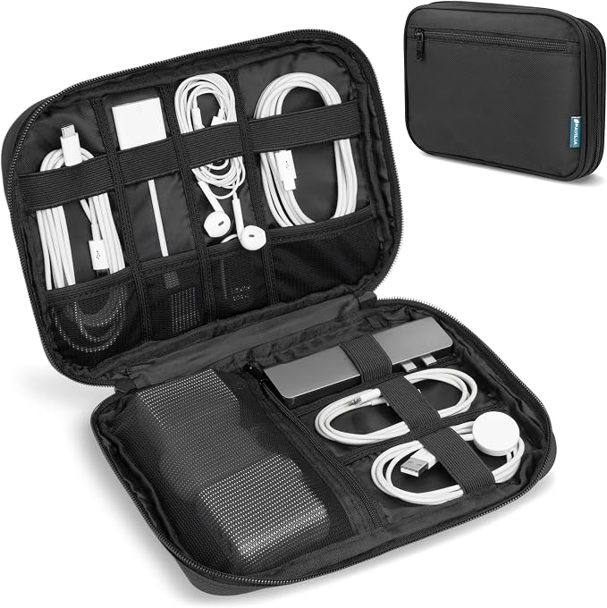 PAVILIA Travel Cord Organizer Case for Cables & Chargers, Black | 10 x 6.8 x 1.7 in 600D water-repellent electronics bag pouch with 7 loops, 5 mesh pockets, front zip pocket and dual zippers