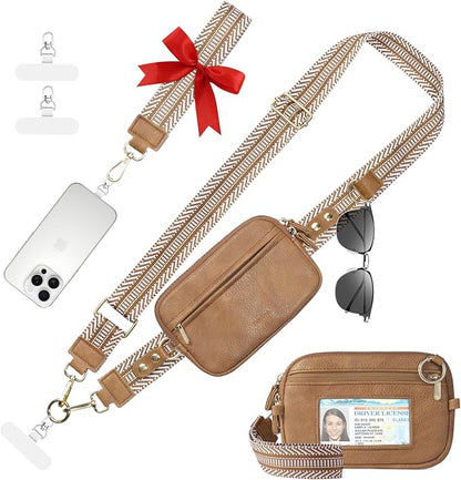 Tiostep Clip and Go Strap for Phone with Wallet Crossbody Phone Lanyard Adjustable and Anti-Theft Leather Purse with RFID Zipper Pouch for Travel Daily Life. Brown Medium