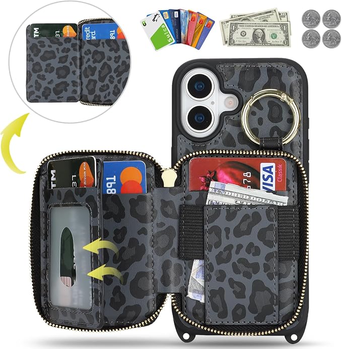 Crossbody Wallet Case for iPhone 17, PU Leather Zipper Handbag Purse Flip Cover, Kickstand Folio Case with Card Slots Holder Wrist Strap Lanyard 5G 6.3 Inch-Black Leopard