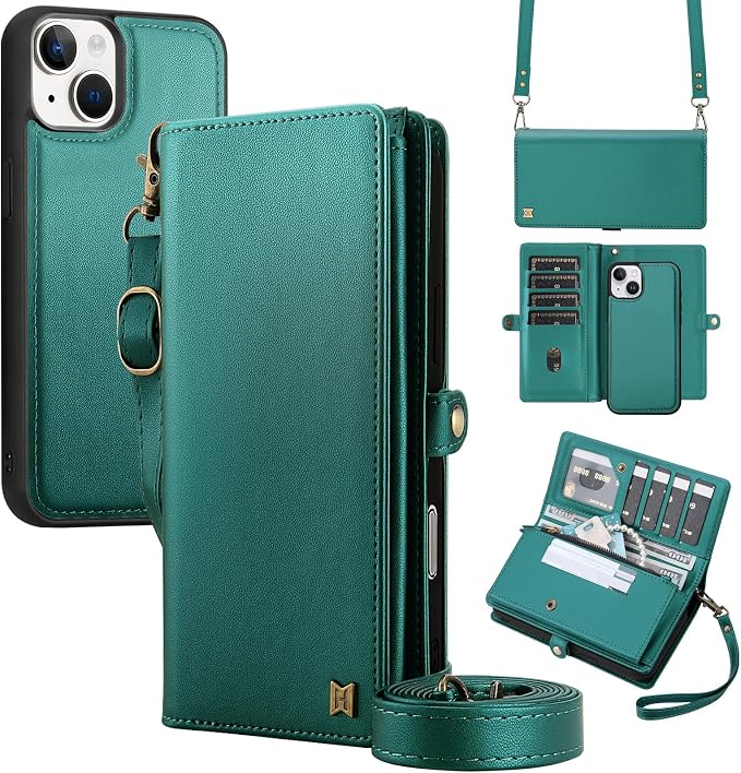 for Wallet Case Compatible with iPhone 14,Multi-Function Detachable 2 in 1 Magnetic iPhone 14 Wallet,Flip Strap Zipper Card Holder Phone Case with Shoulder Straps (Green)