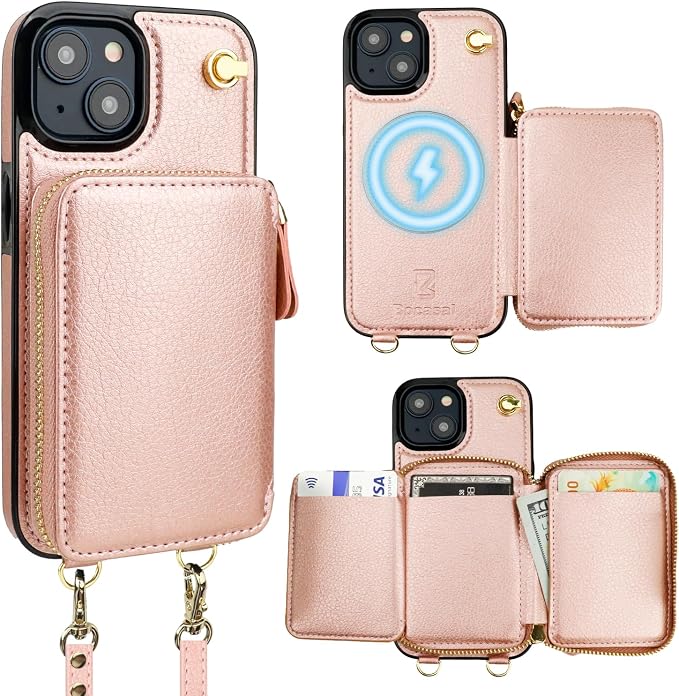Bocasal for MagSafe Crossbody Wallet Case Compatible with iPhone 15, RFID Blocking Protective Purse Case with Card Slots Holder Kickstand Wrist Strap Lanyard Zipper 6.1 Inch 5G (Rose Gold)