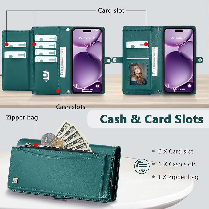 Wallet Case for iPhone 16 Plus with Card Holder/Crossbody Wallet/Strap| RFID Blocking | Magnetic | Kickstand | Detachable | PU Leather Phone Case for iPhone 16 Plus,6.7 in,Green