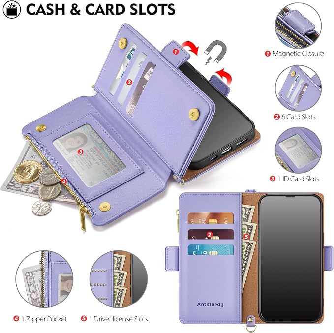 Antsturdy Compatible with iPhone 14 Wallet Case Women Men,RFID Blocking PU Leather Crossbody Phone Case Zipper with Wrist Strap Flip Protective Cover Credit Card Holder for Apple 14 6.1",Light Purple