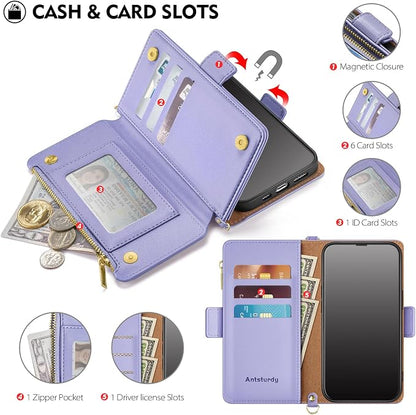 Antsturdy Compatible with iPhone 14 Wallet Case Women Men,RFID Blocking PU Leather Crossbody Phone Case Zipper with Wrist Strap Flip Protective Cover Credit Card Holder for Apple 14 6.1",Light Purple