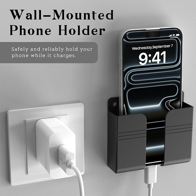 Wall Mounted Phone Holder with Adhesive, No-Drill Phone Stand for Charging, Built-in Cable Slot, Phone Holder for Bathroom, Bedroom, Kitchen, RV, Compatible with iPhone & Android, Black