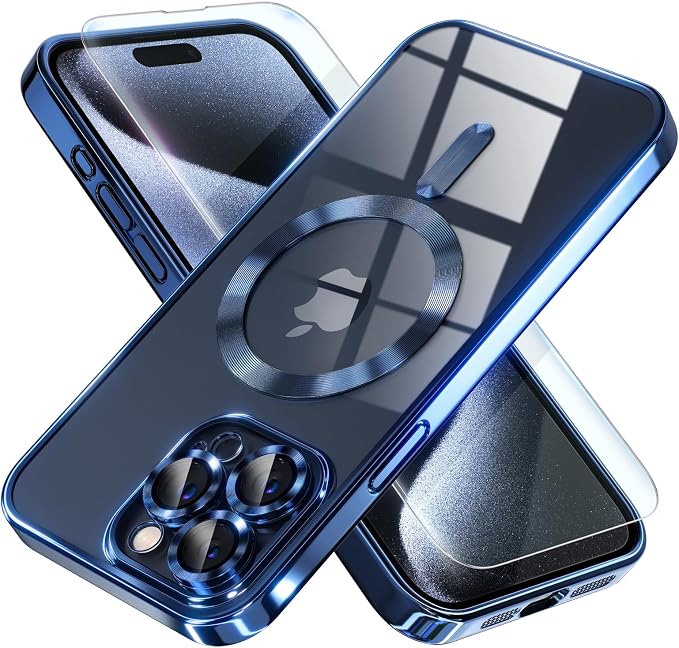 Misea Magnetic for iPhone 15 Pro Max Case with MagSafe [Never Yellowing] [Military Grade Drop Protection] Full Camera Lens Protector Plating Soft Clear Phone Case for Women Girls, Deep Blue