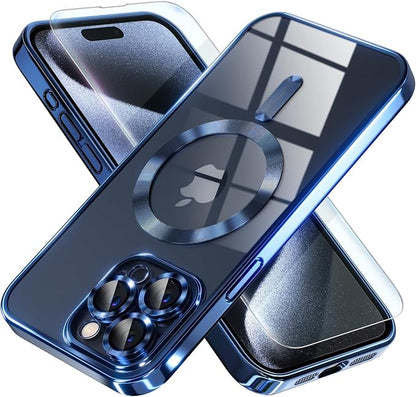 Misea Magnetic for iPhone 15 Pro Max Case with MagSafe [Never Yellowing] [Military Grade Drop Protection] Full Camera Lens Protector Plating Soft Clear Phone Case for Women Girls, Deep Blue