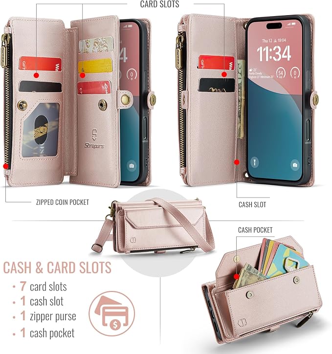 Strapurs Wallet Case Compatible with iPhone 16 6.1" RFID Blocking 7-Card Holder Soft PU Leather Magnetic Snap Shoulder Strap Zipper Pocket Phone Case Fit for iPhone 16 for Women - Rose Gold