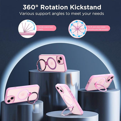 CACOE Magnetic Case for iPhone 15 6.1 inch with 360 Rotatable Ring Stand, Compatible with MagSafe Car Phone Mount, iPhone 15 Cases Cover Phone Holder for Desk Meeting/Videos Pink