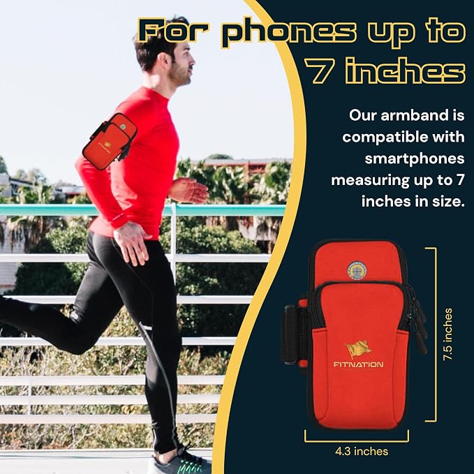Water Resistant Armband Running Pouch for for iPhone 11/12/13/14 Pro Max, Samsung Galaxy S23/S22/S21/S20/Z Fold/Note, Huawei, Xiaomi, OnePlus & More (up to 7") Adjustable Strap & Pocket (Red)