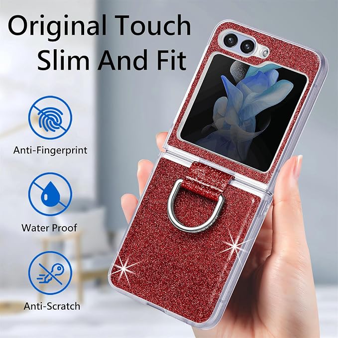 Bling Glitter Case for Samsung Galaxy Z Flip 6 with Ring Holder,Women Girls Cute Phone Case Non Slip Ultra Slim TPU Bumper Shockproof Protective Case for Galaxy Z Flip 6 5G 2024,Red