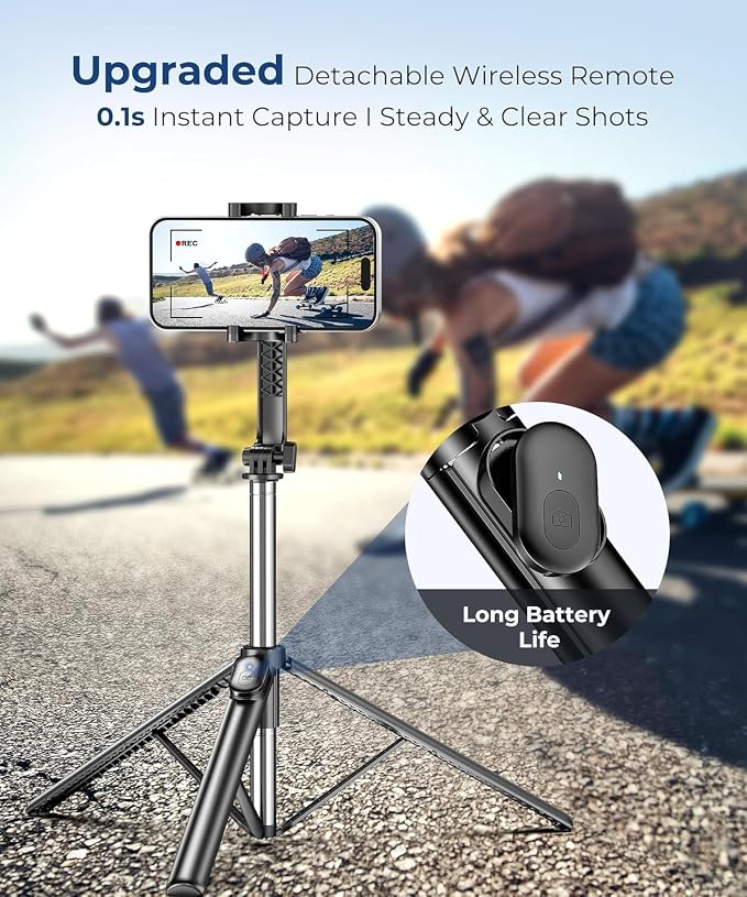 67” Selfie Stick Tripod for iPhone, Lightweight Travel Phone Tripod with Wireless Remote, Extendable Cell Phone Stand for Photography, Video & Live Streaming – Black
