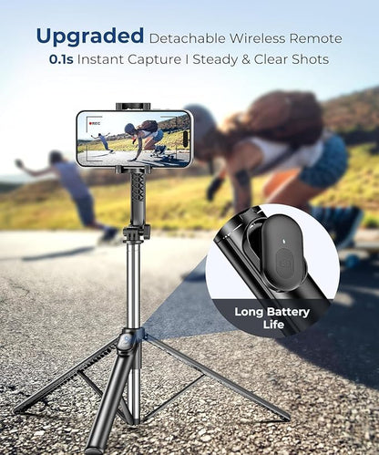 67” Selfie Stick Tripod for iPhone, Lightweight Travel Phone Tripod with Wireless Remote, Extendable Cell Phone Stand for Photography, Video & Live Streaming – Black