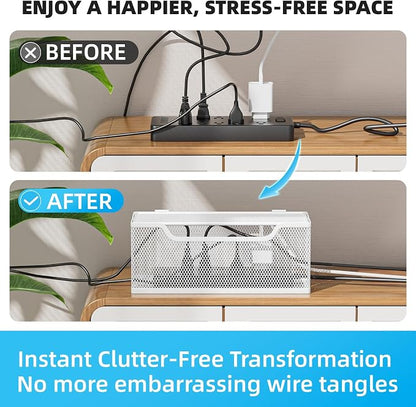3 Pack Cable Management Box, Metal Mesh Cord Organizer Box for TV Wires, Electrical Hiding, Power Strip – Under Desk Cable Storage Box with Cable Clips&Reusable Cable Ties for HomeOffice - White