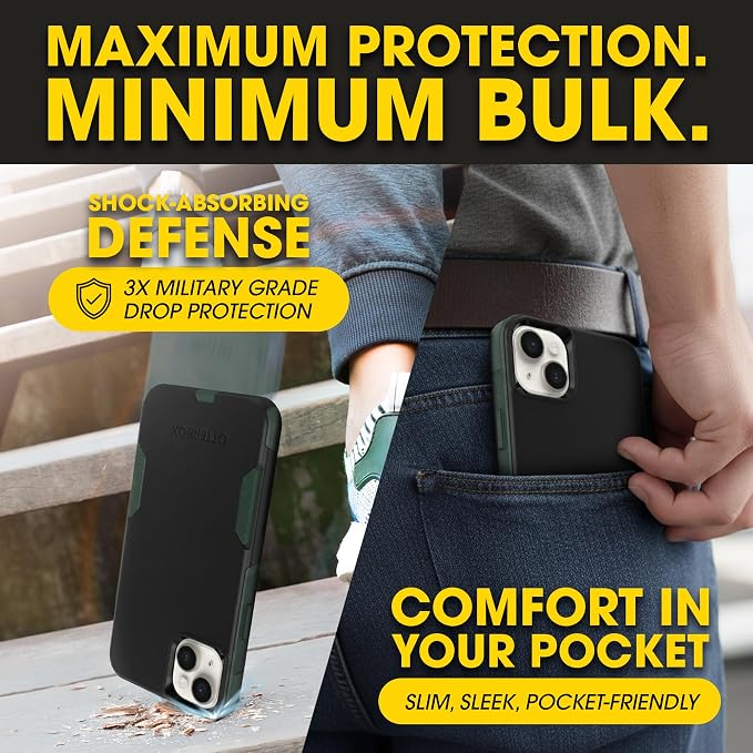 OtterBox iPhone 16e, 15, 14, & 13 Commuter Series Case - Slim & Tough, Pocket-Friendly, with Port Protection - Black/Green