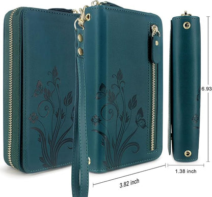Lacass for iPhone 16 Pro Max 6.9 inch 2024 Wallet Case, Crossbody Dual Zipper Detachable Magnetic Leather Wallet Case Cover Wristlets Wrist Strap 13 Card Slots Money Pocket(Floral Cyan Green)