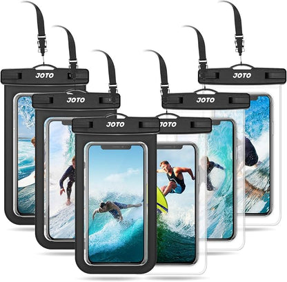 JOTO 6 Pack Universal Waterproof Phone Holder Pouch, IPX8 Underwater Case Cell Phone Dry Bag for iPhone 17 Air 16 15 14 13 Plus Pro Max, Galaxy S24 S23 S22 Note Pixel Up to 7.0" -Black & Clear