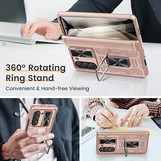 VEGO for Galaxy Fold 5 Case with Stand & Screen Protector & Lens Cover | Samsung Galaxy Z Fold 5 Case with Hinge Protection 360° Magnetic Kickstand Full Body Protective Cover-Rose Gold
