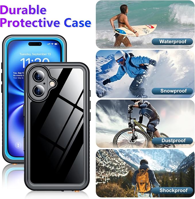 Temdan Compatible with iPhone 16 Case Waterproof, Built-in Screen & Camera Protector IP68 Underwater Full Body 16FT Military Dropproof Shockproof Phone Case 6.1"-Blue/Clear
