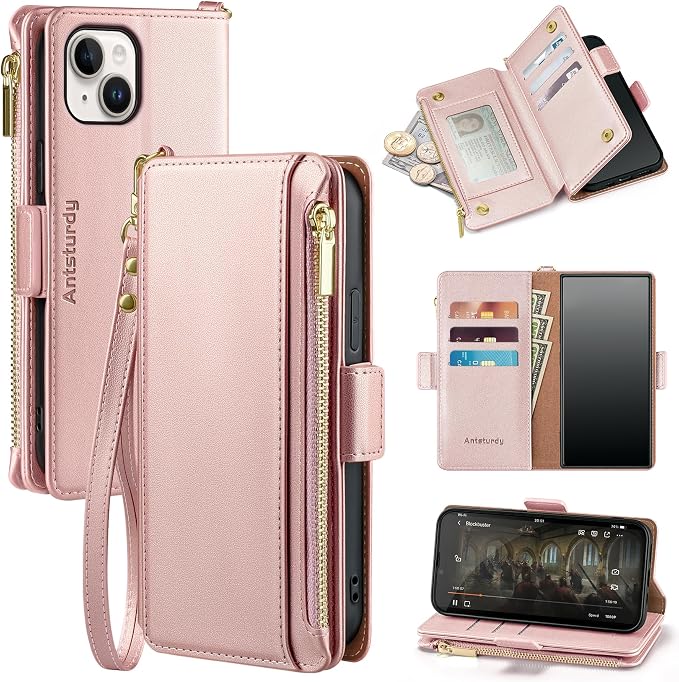 Antsturdy Compatible with iPhone 14 Wallet Case RFID Blocking,PU Leather Phone Case Women Men Flip Shockproof Cover with Wrist Strap Zipper Pocket Credit Card Holder Slots,for Apple 14 6.1" Rose Gold