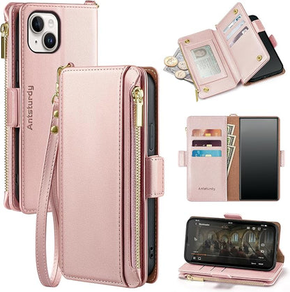 Antsturdy Compatible with iPhone 14 Wallet Case RFID Blocking,PU Leather Phone Case Women Men Flip Shockproof Cover with Wrist Strap Zipper Pocket Credit Card Holder Slots,for Apple 14 6.1" Rose Gold