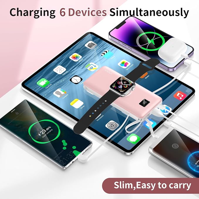 Portable Charger 10000mAh 22.5W PD 3.0+QC 4.0 Super Fast Charging Power Bank, Built-in Cables & AC Wall Plug & Magnetic Wireless iWatch Charger, USB-C Battery Pack for iPhone/Samsung/Apple Watch, etc
