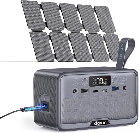 DARAN Portable Power Station 100W with 25W Solar Panel LiFePO4 Battery Power Bank with110V AC Outlets Solar Generator Fast Charging for Hurricane Emergency,Outdoor Use,Off-Grid traveling