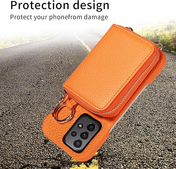 Wallet Case for Samsung Galaxy A53 5G & Shoulder Strap Ring Buckle, PU Leather Zipper Flip Organ Purse, Card Holder Stand Full Body Cell Phone Cover for A 53 G5 53A SM A536U 6.5" 2022 Orange