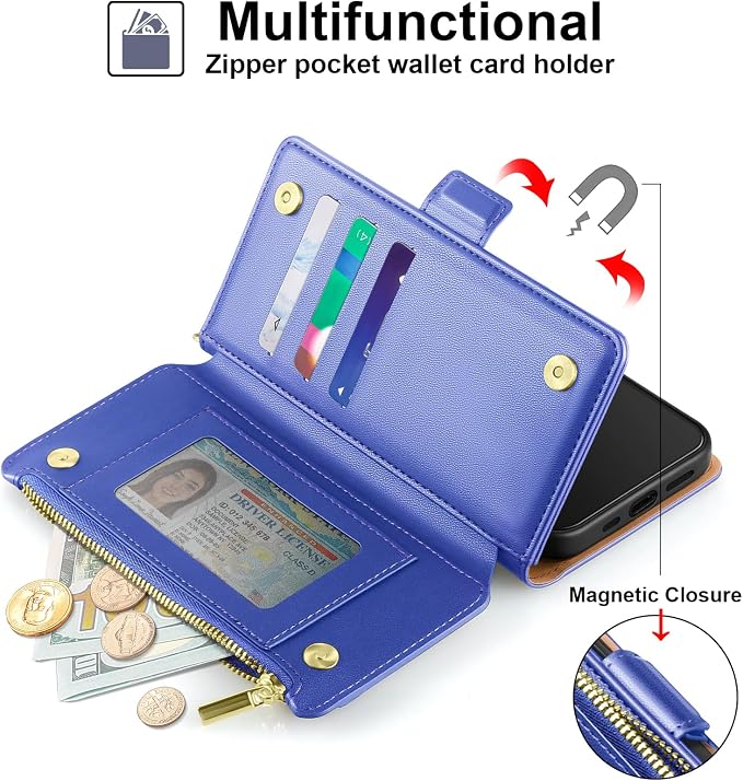 Antsturdy Compatible with iPhone 14 Wallet Case RFID Blocking,PU Leather Phone Case Women Men Flip Shockproof Cover with Wrist Strap Zipper pocket Credit Card Holder Slots,for Apple 14 6.1"Purple Blue