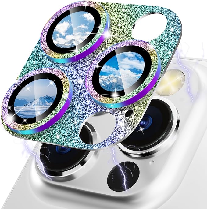 CloudValley Glitter Camera Lens Protector for iPhone 14 Pro / 14 Pro Max, 9H Tempered Glass [All in 1 Design], Case Friendly Anti-Scatch High Definition, GlitterColorful