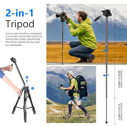 NEEWER Portable Aluminum Alloy Camera 2 in 1 Tripod Monopod Max. 70"/177cm with 3 Way Swivel Pan Head and Carrying Bag for DSLR, DV Video Camcorder (SAB264, Black)