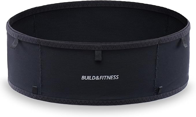 Build & Fitness LiteBelt Running Belt – 4 Quick Top-Access Pockets –Flip Waist Pack, Running Phone Holder – Fits All Size Phones, Keys, Cards, Earpods, GUs – for Men and Women (Black, S)