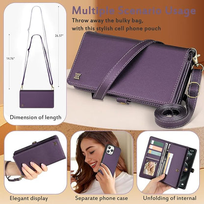 for Wallet Case Compatible with iPhone 12 Pro Max,Multi-Function Detachable 2 in 1 Magnetic iPhone 12 Pro Max Case Wallet,Flip Strap Zipper Card Holder Phone Case with Shoulder Straps (Pruple)