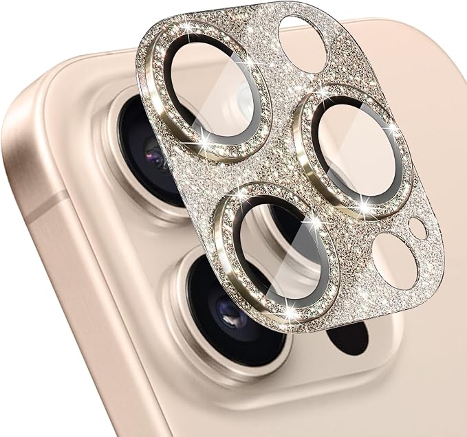 Camera Lens Protector for iPhone 16 Pro/iPhone 16 Pro Max, Glitter Camera Cover with 9H Tempered Glass Metal Ring, Lens Protector for iPhone 16 Pro/16 Pro Max (Glitter-Titanium Gold)