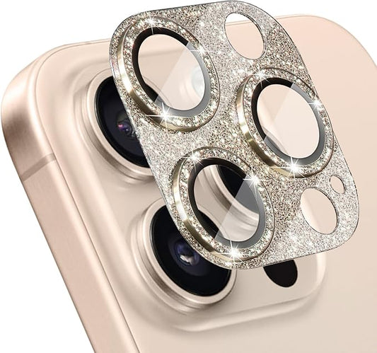 Camera Lens Protector for iPhone 16 Pro/iPhone 16 Pro Max, Glitter Camera Cover with 9H Tempered Glass Metal Ring, Lens Protector for iPhone 16 Pro/16 Pro Max (Glitter-Titanium Gold)
