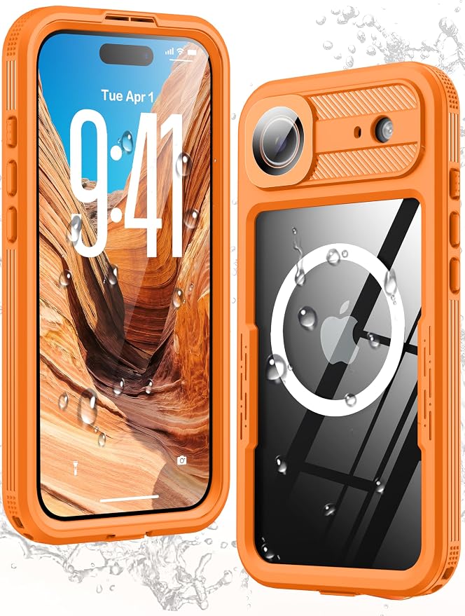 GOLDJU Magnetic for iPhone Air Case-Waterproof, Built-in Screen & Camera Protector-IP68 Underwater Full Body 16FT Military Dropproof Shockproof Case for iPhone 17 Air 6.5''- Orange