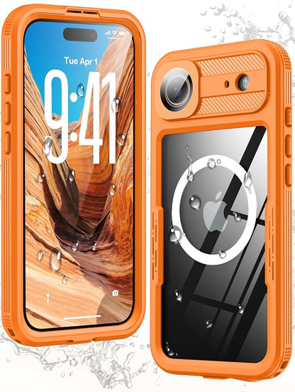 GOLDJU Magnetic for iPhone Air Case-Waterproof, Built-in Screen & Camera Protector-IP68 Underwater Full Body 16FT Military Dropproof Shockproof Case for iPhone 17 Air 6.5''- Orange