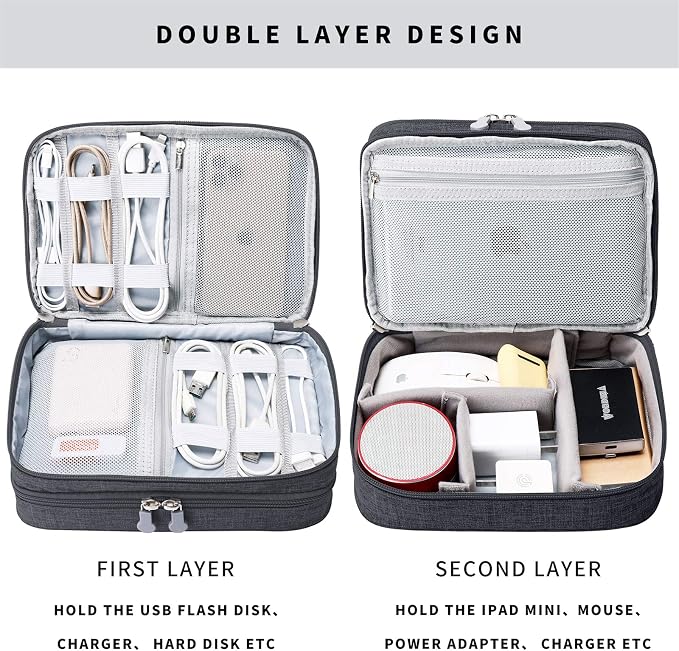 mygreen Electronic Accessories Organizer Bag, Waterproof Double Layer Travel Storage Case with Adjustable Padded Dividers, Portable Hard Pouch for Cables, Charger, Power Bank, Phone, Hard Drive Black