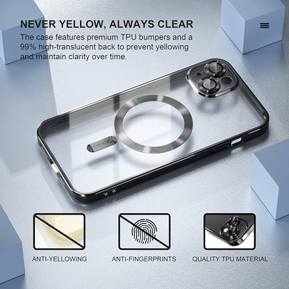 Misea Magnetic for iPhone 14 Plus Case Compatible with MagSafe [Never Yellowing] [Military Grade Drop Protection] Full Camera Lens Protector Plating Soft Clear Phone Case for Women Girls, Black